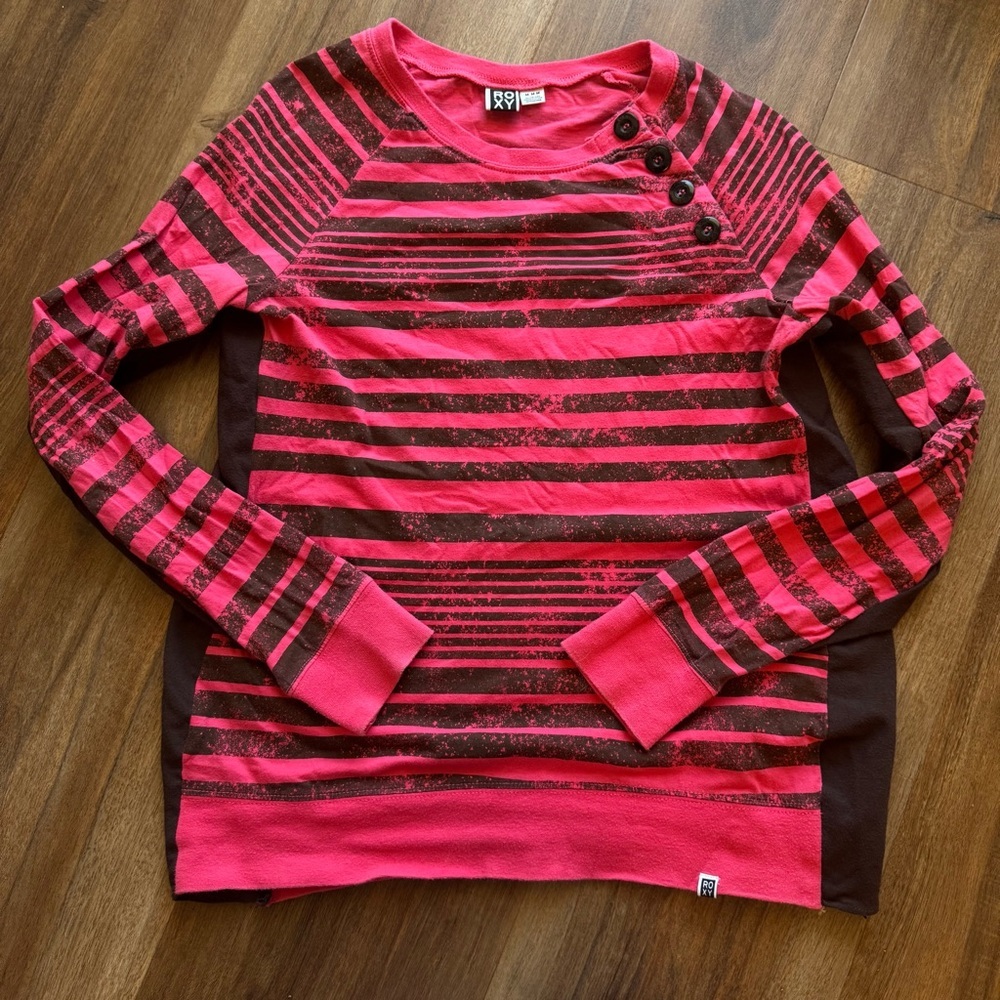 Roxy Pink Brown Striped Long Sleeve Y2K Skater Surf Girl Graphic Tee Casual Top - Picture 8 of 11
